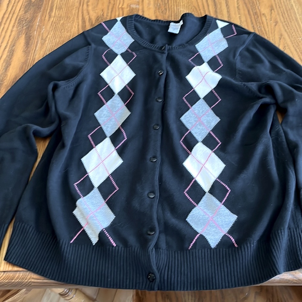 Izod Lightweight Black Pink Grey Argyle Pattern Buttoned Cotton Sweater Size XL